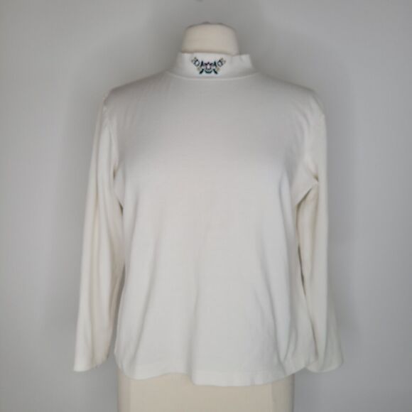 Vintage Off-White Embroidered Mock Neck Size L Tulip Cotton Blend USA Flowers - Picture 3 of 10